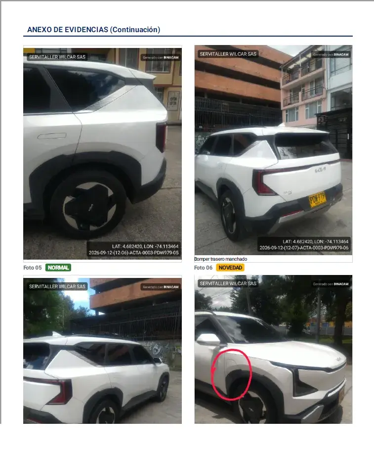 Página del anexo de evidencias de un acta de BINACAM, con las fotos de la inspección numeradas