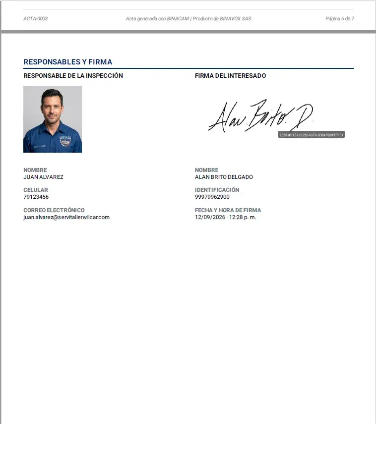 Página de responsables de un acta de BINACAM, con los datos de quien inspecciona y la firma capturada del interesado