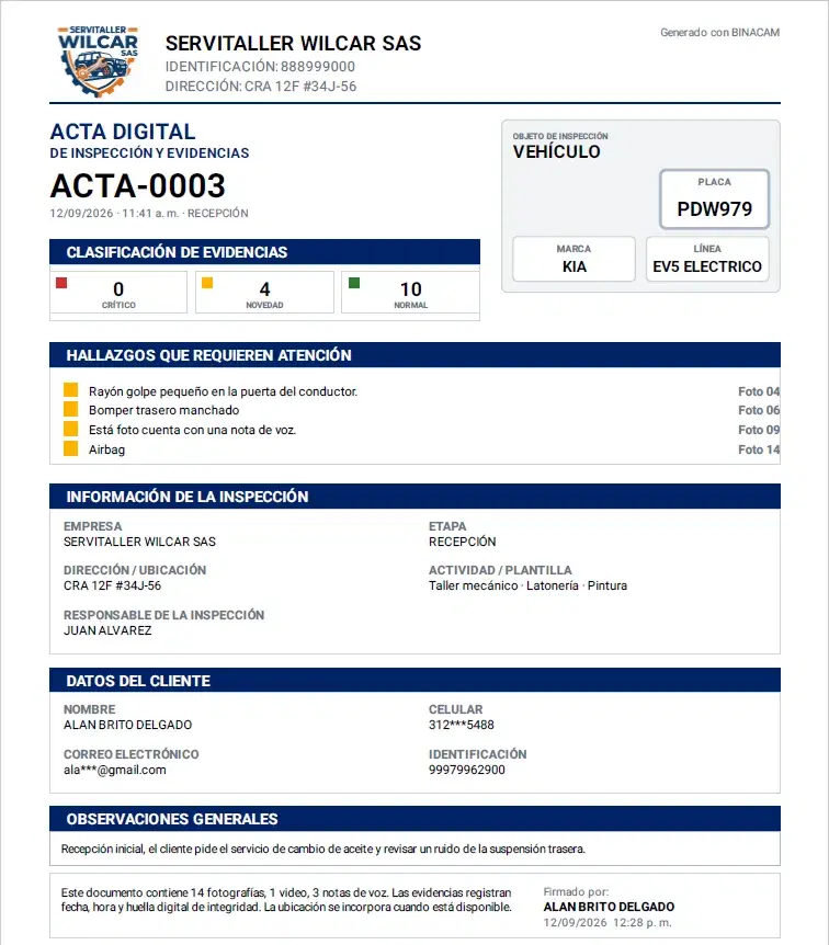 Primera página de un acta generada por BINACAM, con el membrete del negocio, la clasificación de evidencias por severidad y los hallazgos que requieren atención