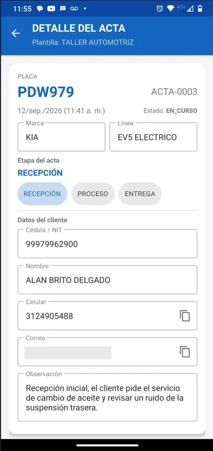 Pantalla de detalle de un acta en BINACAM, con la placa o identificación del bien, la marca, la etapa del proceso y los datos del interesado